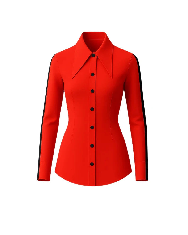 RED POINTED COLLAR BUTTON-UP