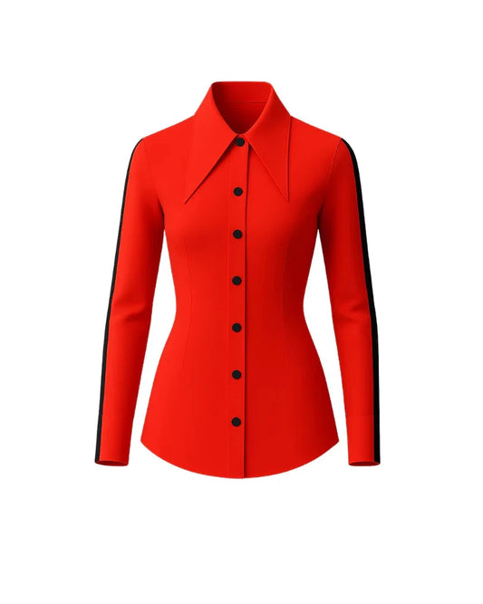RED POINTED COLLAR BUTTON-UP